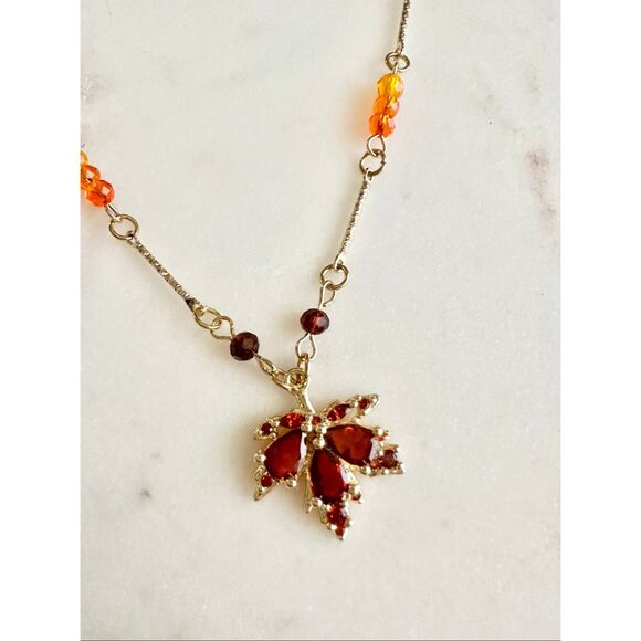 Bright Orange fall Maple leaf dangle cubic zirconia beaded necklace - Picture 3 of 6